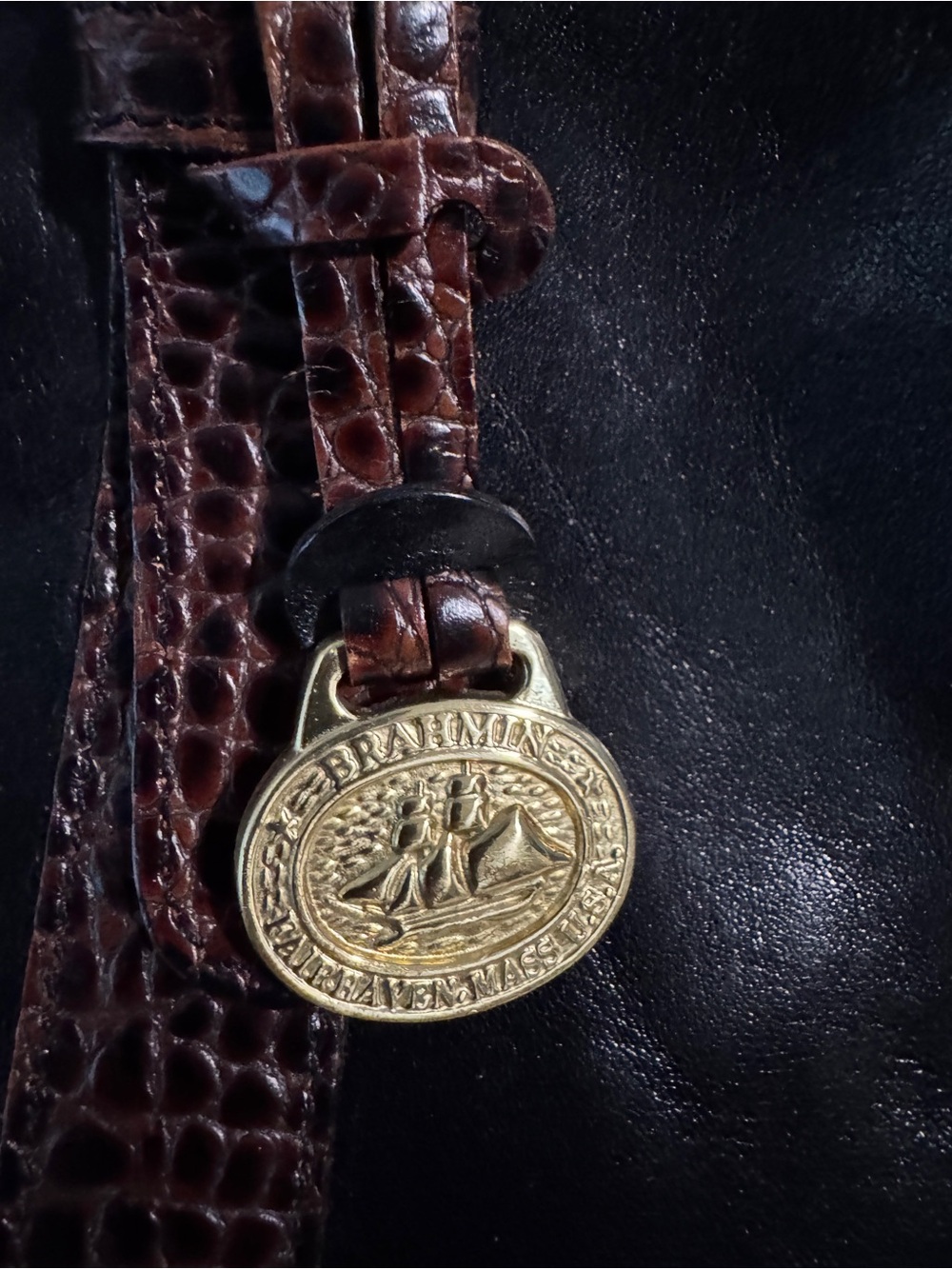 Brahmin Tuscan Collection Tote Shoulder Bag Black Leather Brown Croc Embossed - Picture 12 of 16